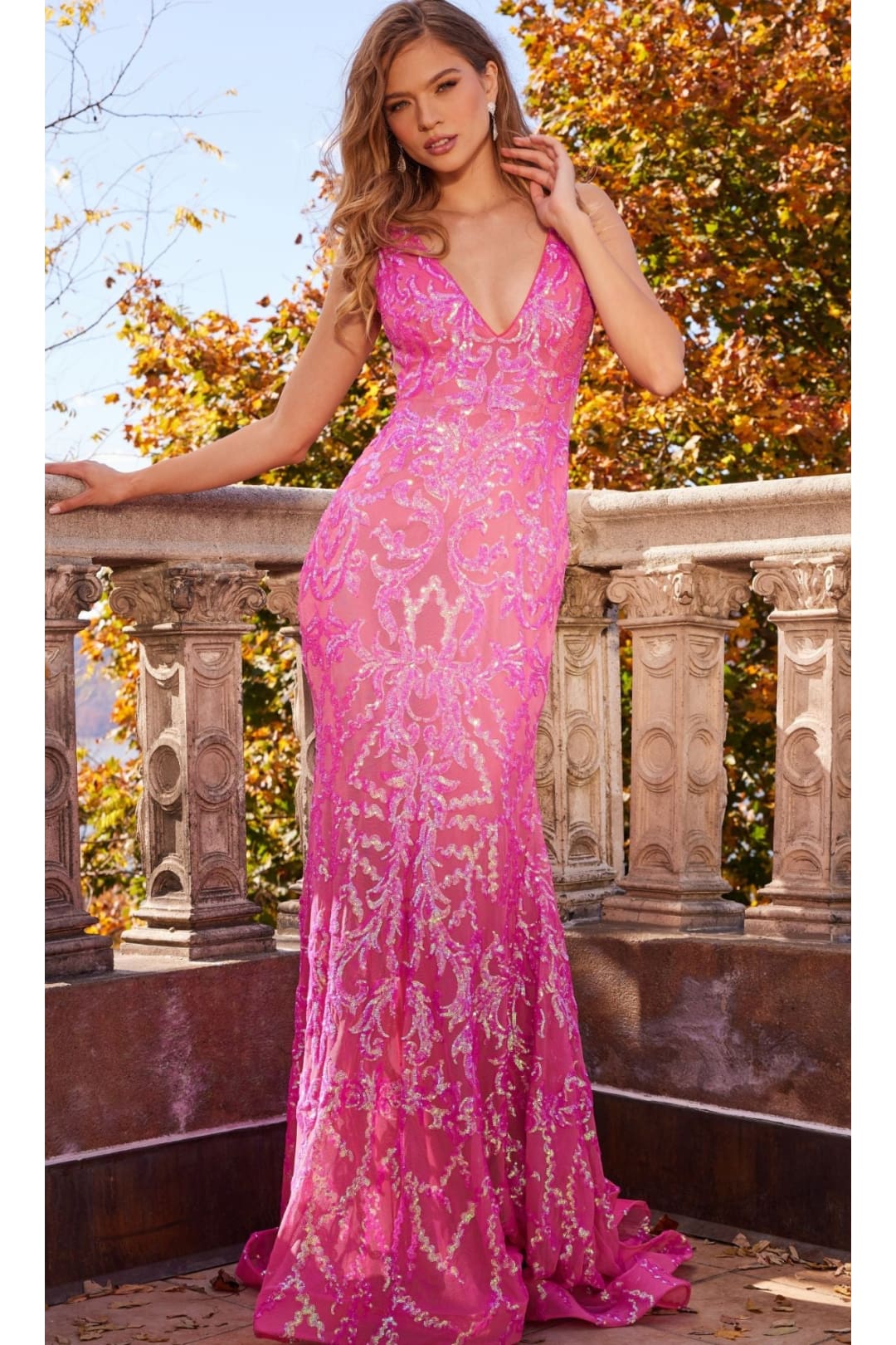 Jovani Sequin Prom Dress with Plunging Neckline - Iridescent Hot Pink / Apparel & Accessories > Clothing > Dresses
