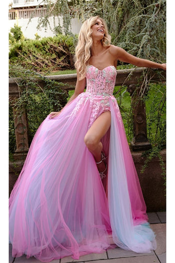 Jovani Sheer-Corset Prom Dress with Floral Embroidery - Pink Multi / Apparel & Accessories > Clothing > Dresses