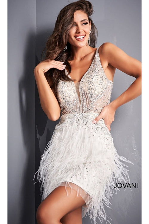 Jovani Short Feathered Prom Dress 04042 - Off-White / Apparel & Accessories > Clothing > Dresses