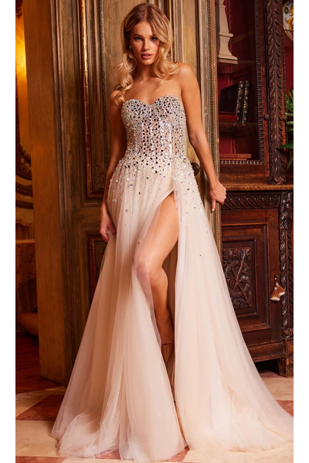 Jovani Strapless Beaded Nude Prom Ball Gown 23712 - Nude/Silver / Prom