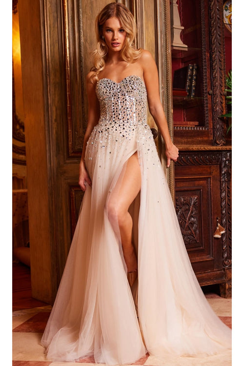 Jovani Strapless Beaded Nude Prom Ball Gown 23712 - Nude/Silver / Prom