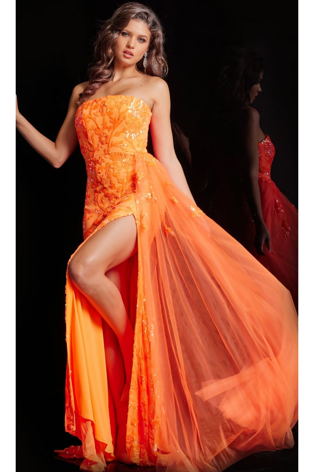 Jovani Strapless Long Neon Sequin Prom Dress 26134 - Neon Orange / Apparel & Accessories > Clothing > Dresses