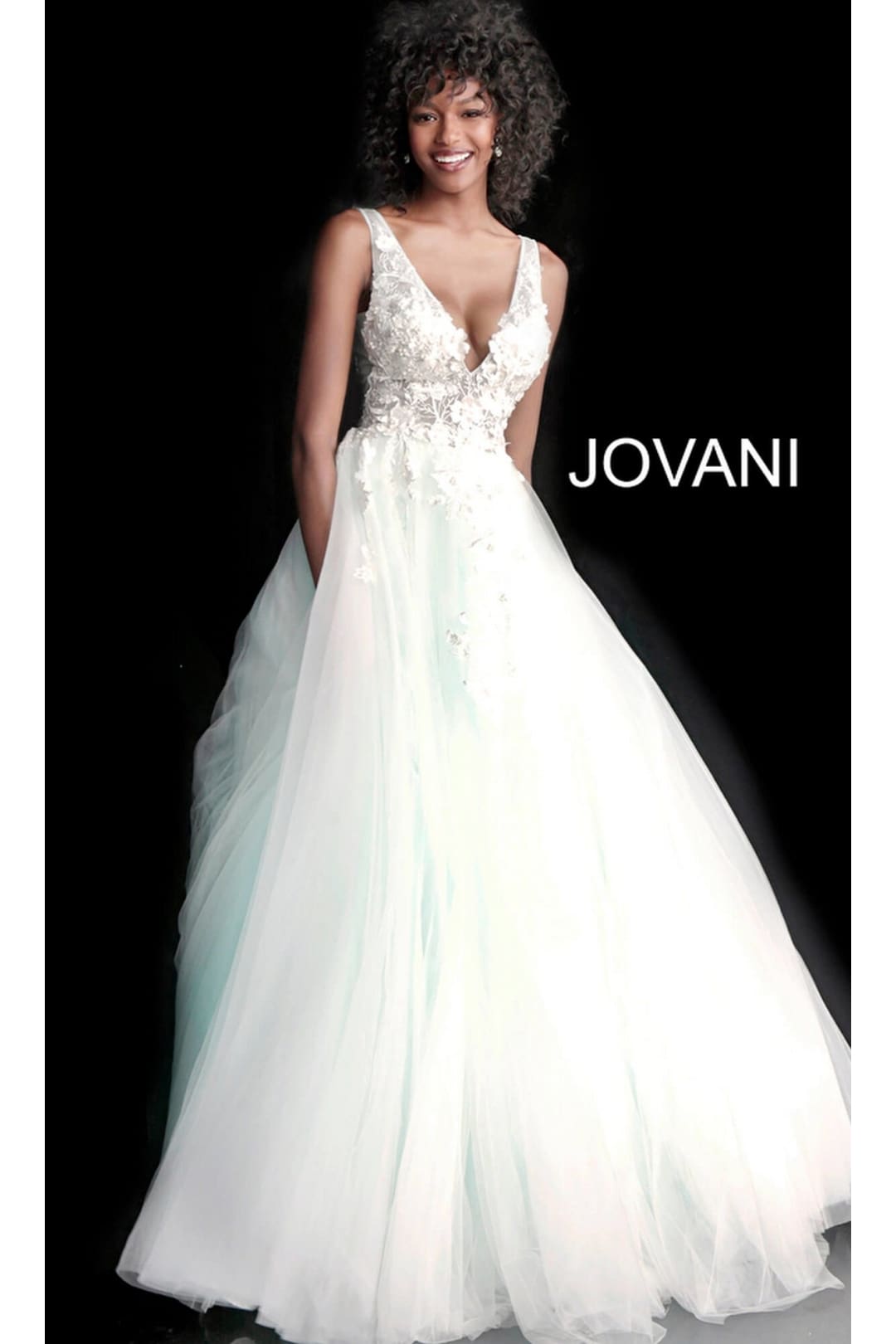 Jovani Tulle Prom Ball Gown with Floral Appliques - Champagne / Prom