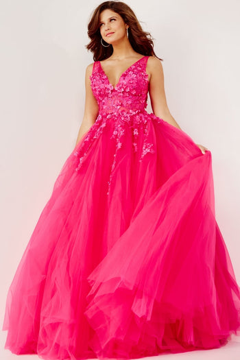 Jovani Tulle Prom Ball Gown with Floral Appliques - Fuchsia / Prom