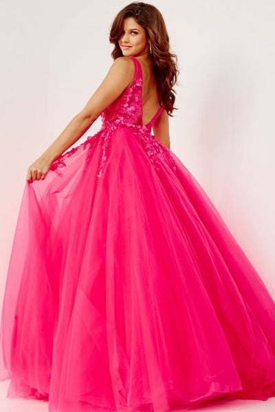Jovani Tulle Prom Ball Gown with Floral Appliques - Prom