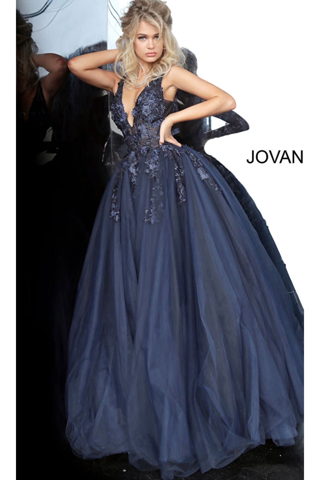 Jovani Tulle Prom Ball Gown with Floral Appliques - Navy/Black / Prom