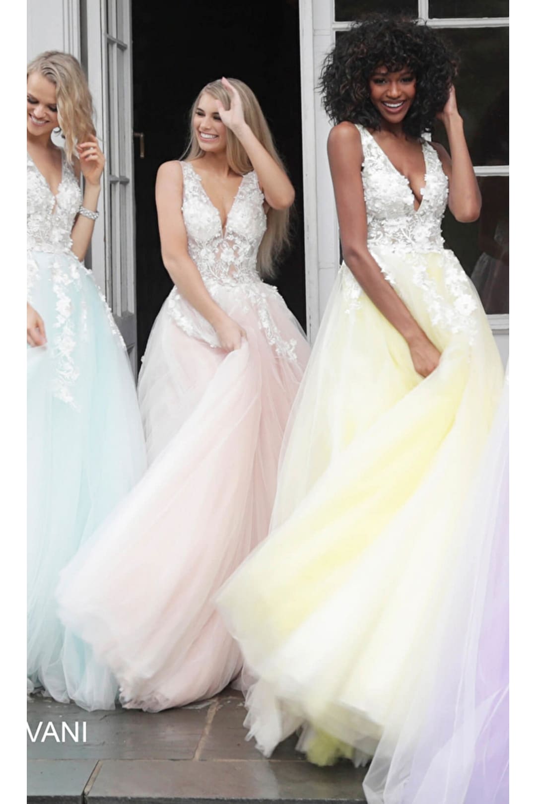 Jovani Tulle Prom Ball Gown with Floral Appliques - Off White/Blush / Prom