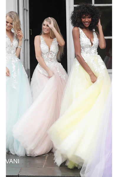 Jovani Tulle Prom Ball Gown with Floral Appliques - Off White/Blush / Prom