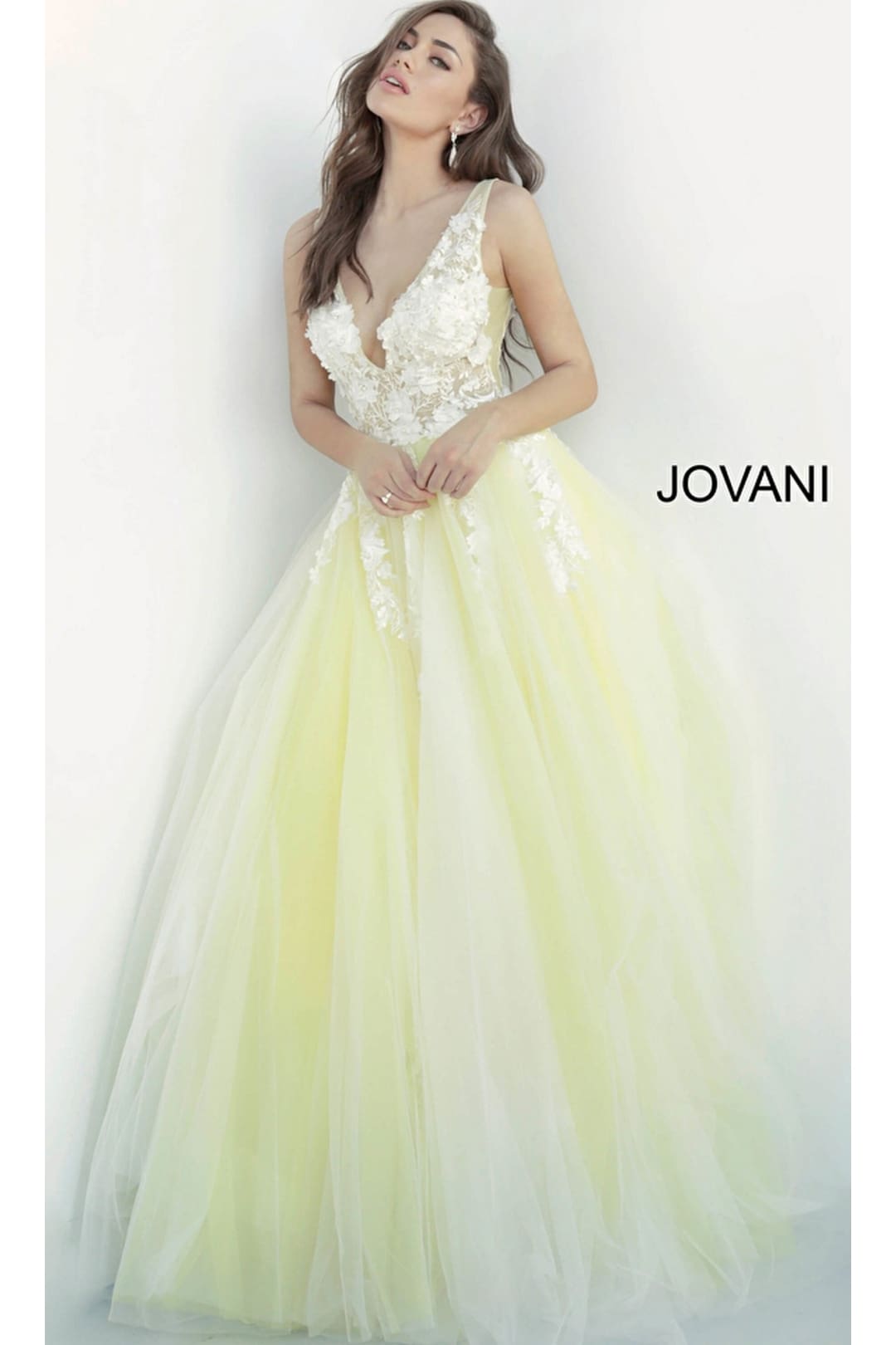 Jovani Tulle Prom Ball Gown with Floral Appliques - Off White/Yellow / Prom