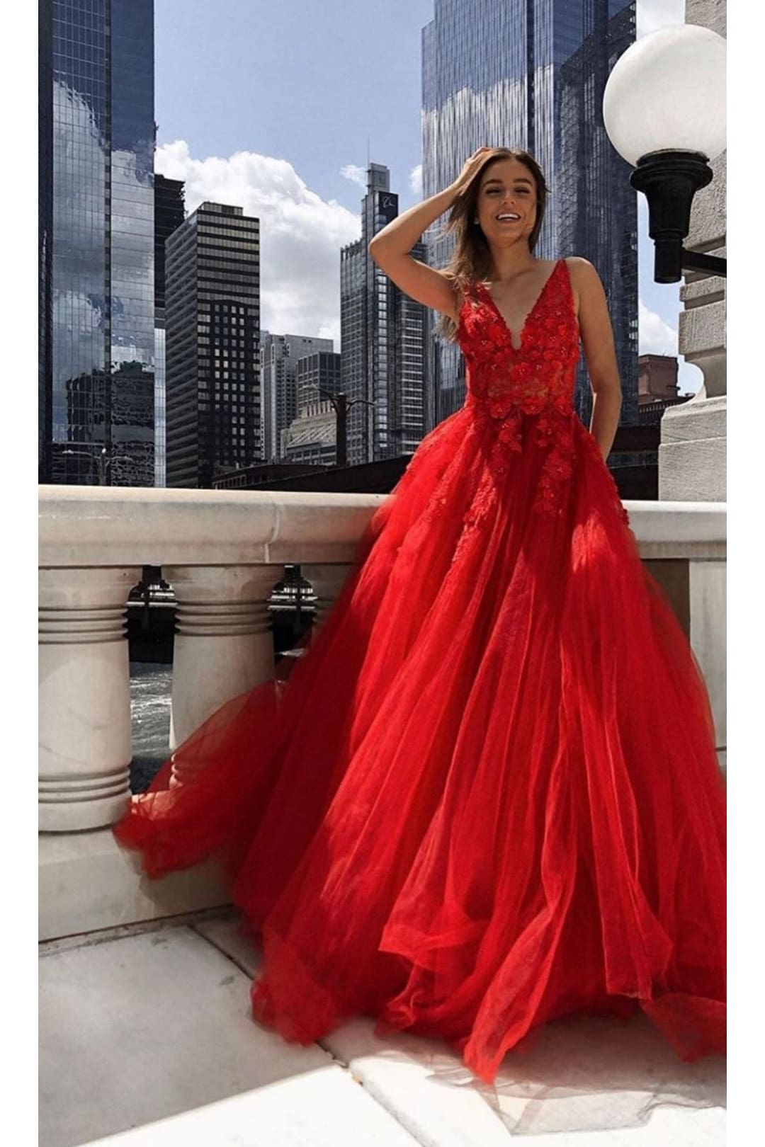 Jovani Tulle Prom Ball Gown with Floral Appliques - Red / Prom