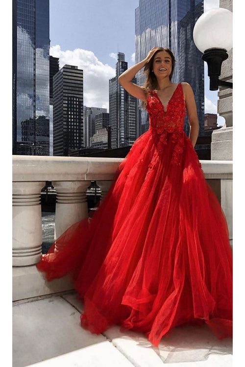 Jovani Tulle Prom Ball Gown with Floral Appliques - Red / Prom