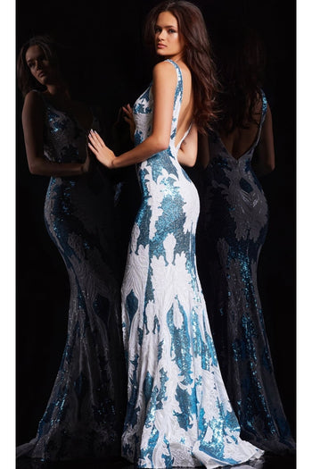 Jovani V-Back Long Sequin-Print Prom Dress 23319 - Apparel & Accessories > Clothing > Dresses