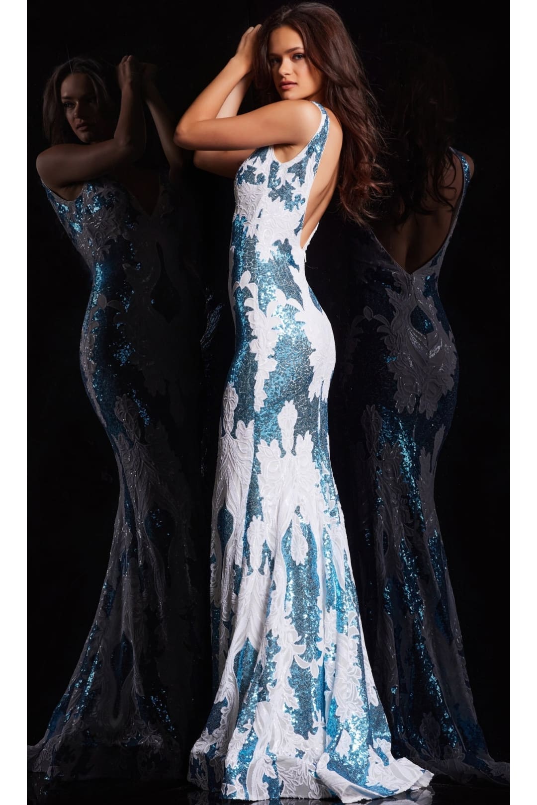 Jovani V-Back Long Sequin-Print Prom Dress 23319 - Apparel & Accessories > Clothing > Dresses