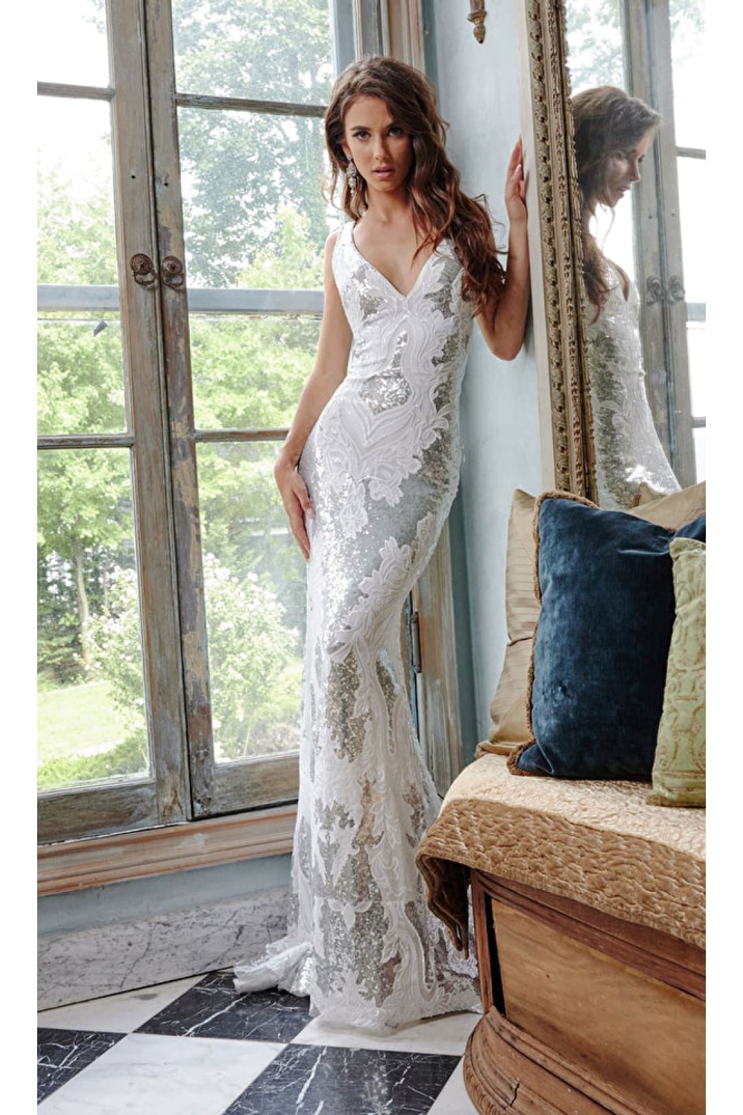 Jovani V-Back Long Sequin-Print Prom Dress 23319 - Ivory/Silver / Apparel & Accessories > Clothing > Dresses