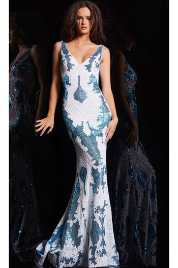 Jovani V-Back Long Sequin-Print Prom Dress 23319 - Ivory/Turquoise / Apparel & Accessories > Clothing > Dresses