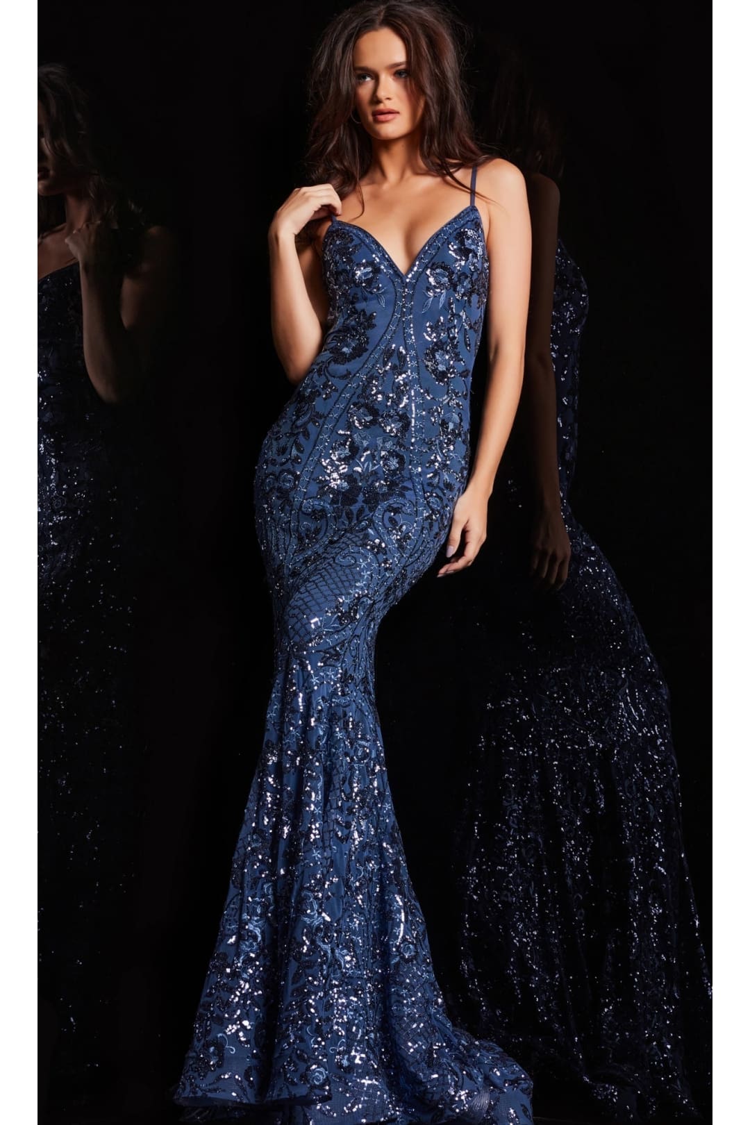 Jovani V-Back Long Sequin-Print Prom Dress 23839 - Prom