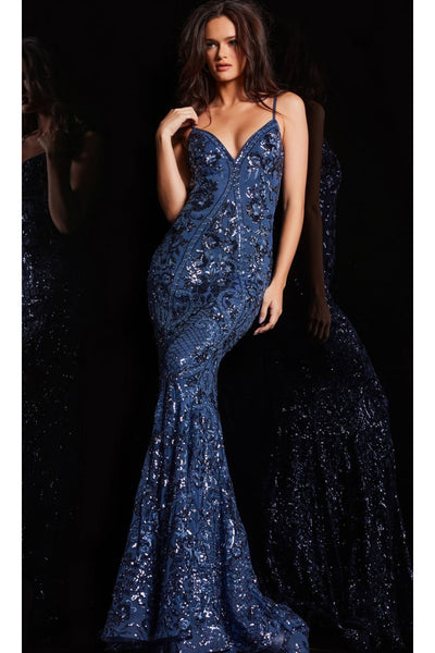 Jovani V-Back Long Sequin-Print Prom Dress 23839 - Prom