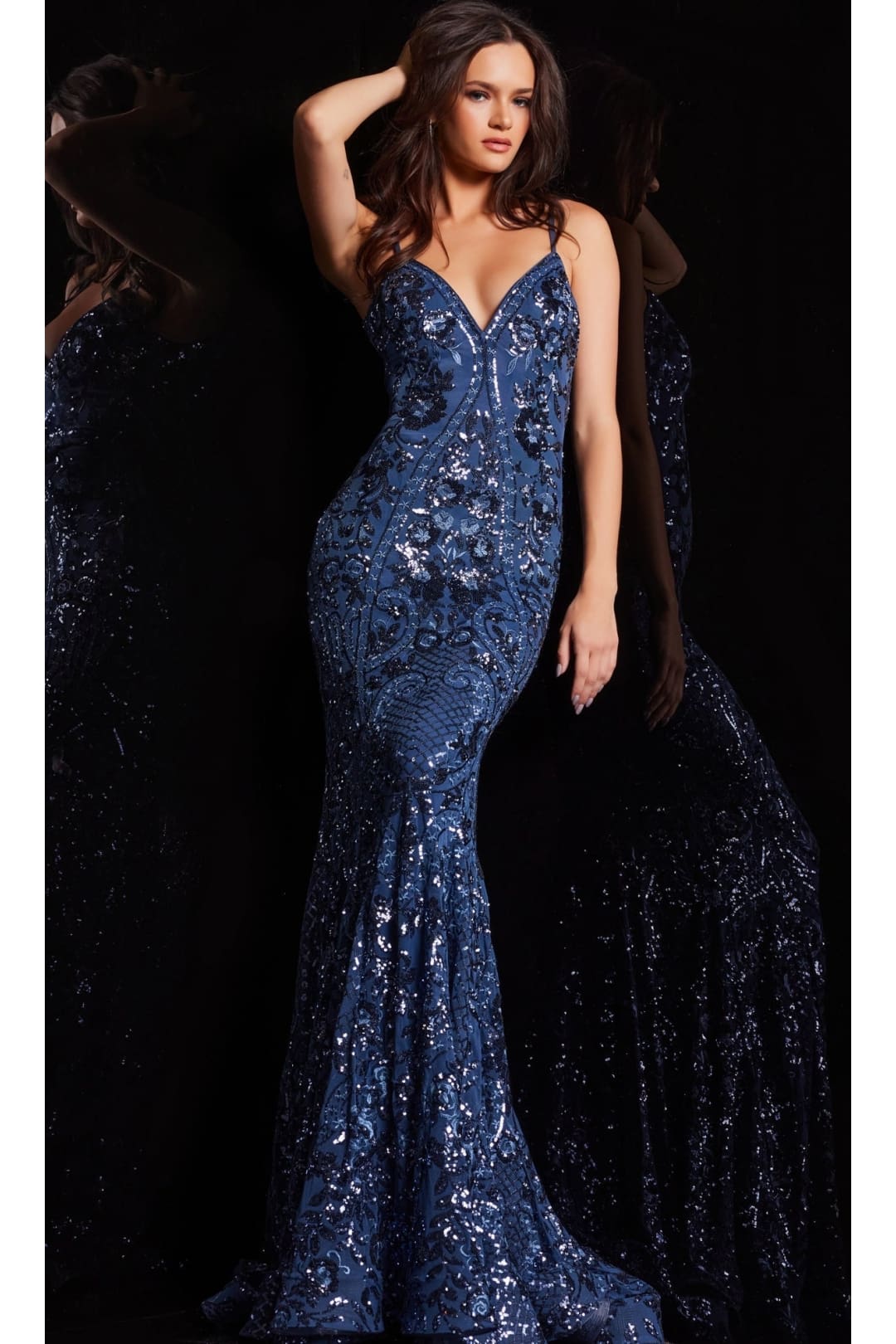 Jovani V-Back Long Sequin-Print Prom Dress 23839 - Prom