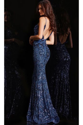 Jovani V-Back Long Sequin-Print Prom Dress 23839 - Prom