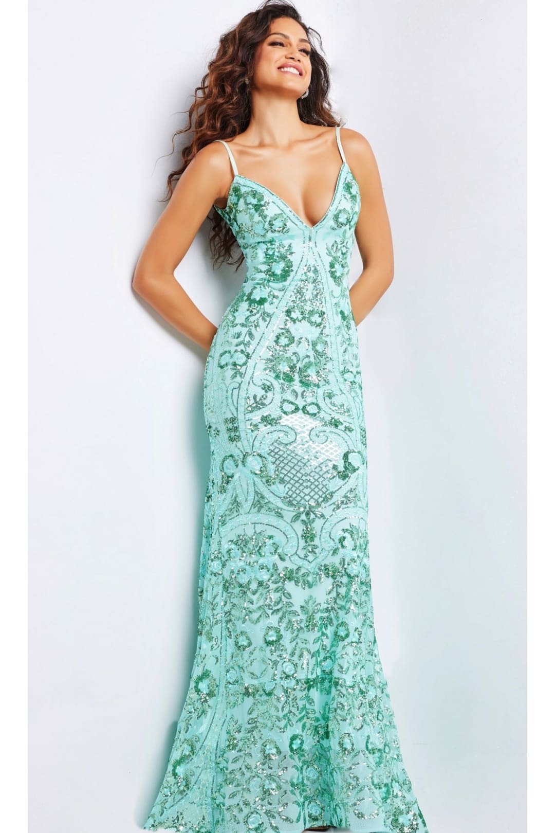 Jovani V-Back Long Sequin-Print Prom Dress 23839 - Prom