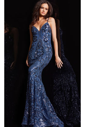 Jovani V-Back Long Sequin-Print Prom Dress 23839