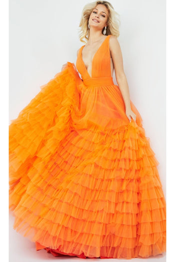 Jovani V-Neck Long Ruffled Prom Ball Gown 07264 - Orange / Prom