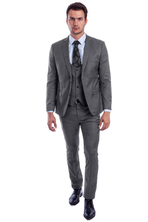 Traje ajustado de dos botones con chaleco de corte bajo para hombre en cuadros grises