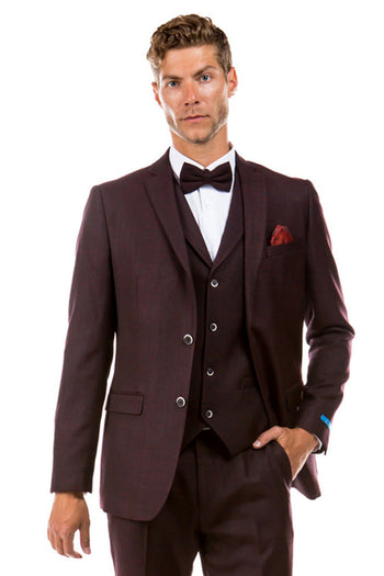 Traje de boda de tweed estilo vintage con dos botones y chaleco para hombre en color burdeos
