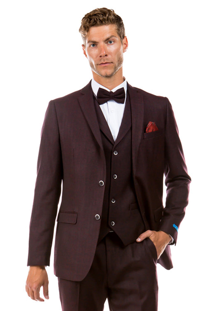 Traje de boda de tweed estilo vintage con dos botones y chaleco para hombre en color burdeos