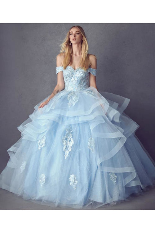 Embroidery Metallic Quinceanera Dress - Baby BLUE / XS