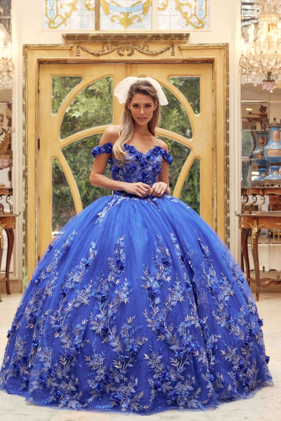 Juliet 1447 Off Shoulder 3D Floral Applique Embroidered Quince Gown - ROYAL BLUE / XS
