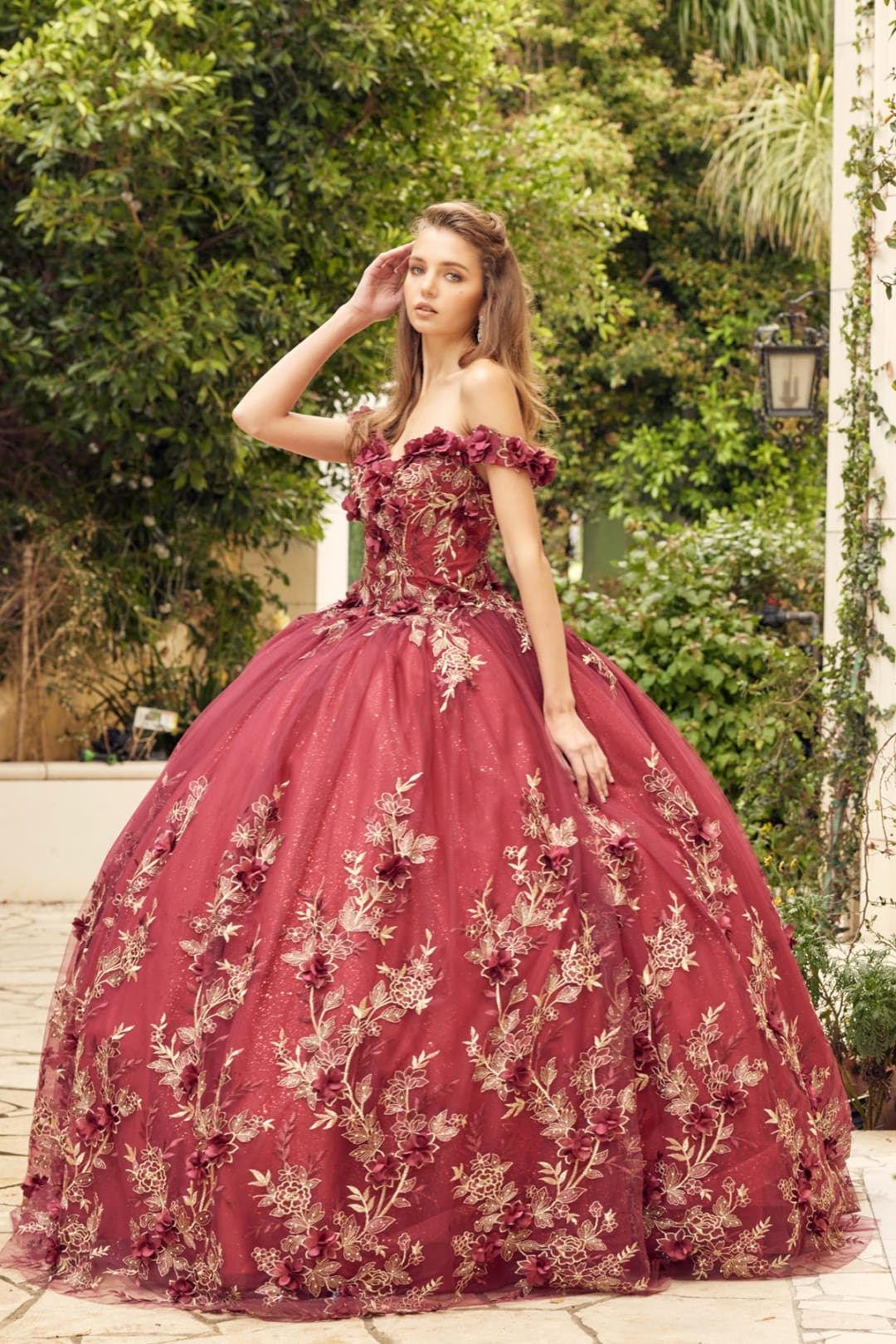 Juliet 1447 Off Shoulder 3D Floral Applique Embroidered Quince Gown - BURGUNDY / XS