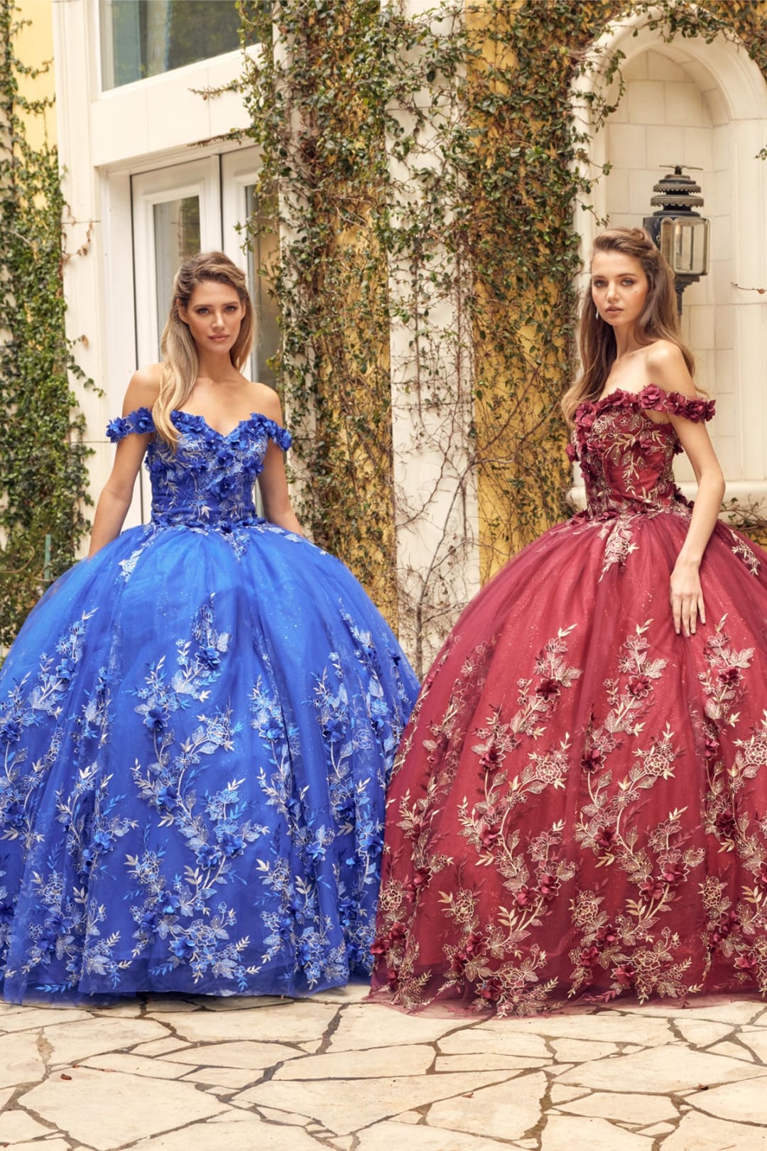 Juliet 1447 Off Shoulder 3D Floral Applique Embroidered Quince Gown - BURGUNDY / XS