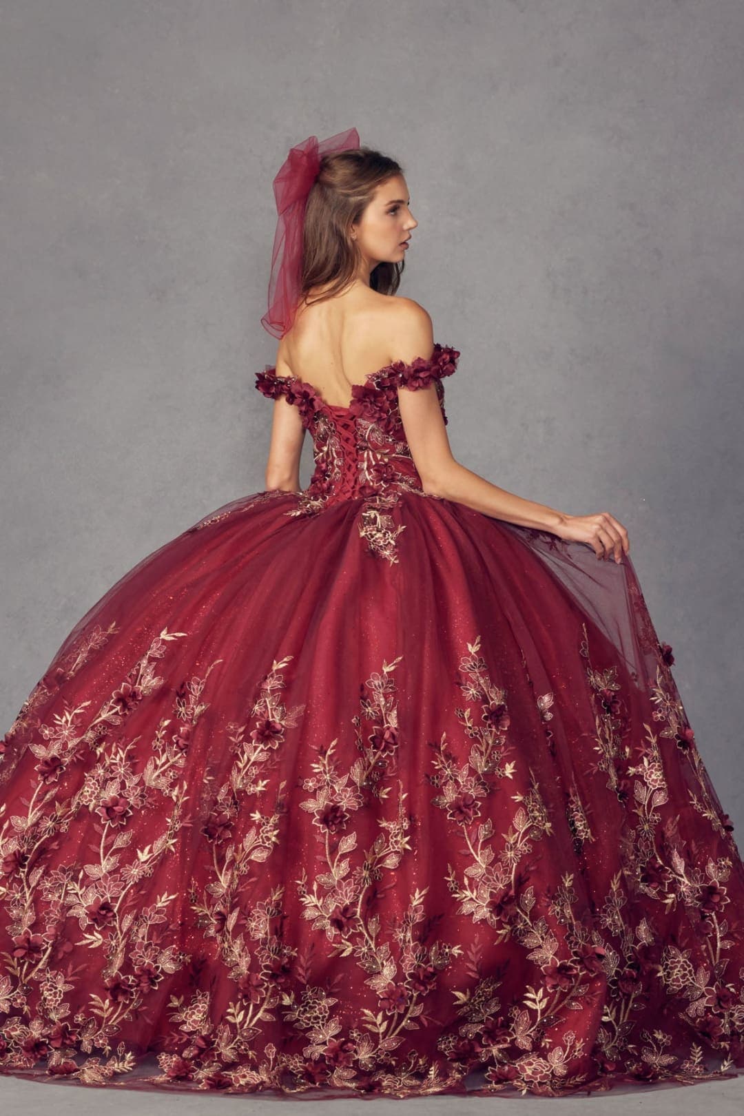 Juliet 1447 Off Shoulder 3D Floral Applique Embroidered Quince Gown - BURGUNDY / XS