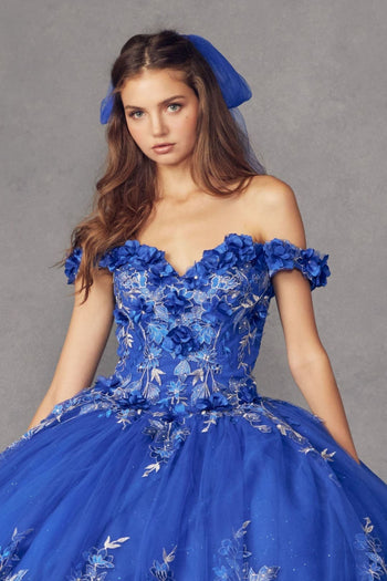 Juliet 1447 Off Shoulder 3D Floral Applique Embroidered Quince Gown - ROYAL BLUE / XS