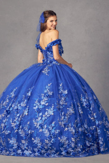 Juliet 1447 Off Shoulder 3D Floral Applique Embroidered Quince Gown - ROYAL BLUE / XS
