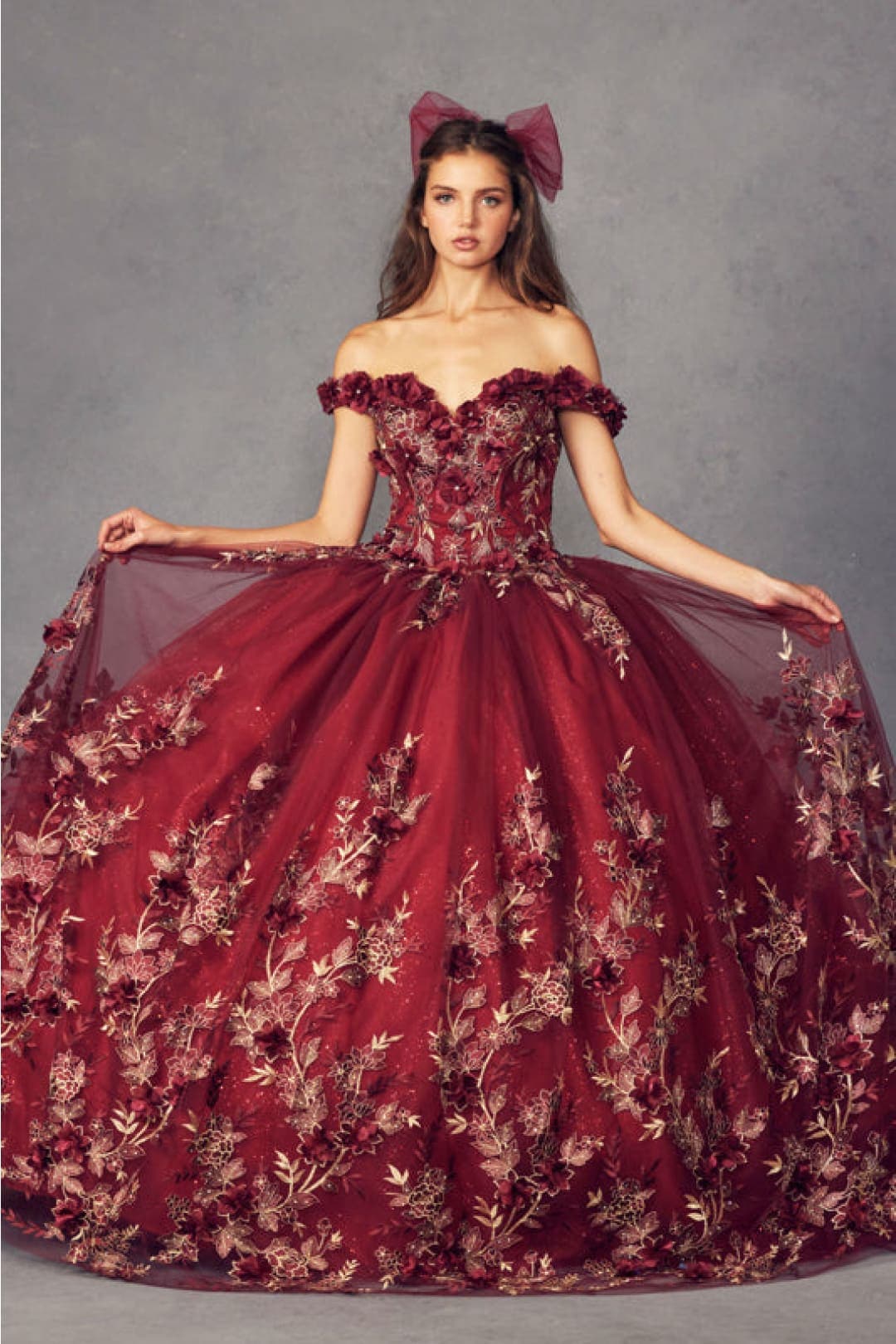 Juliet 1447 Off Shoulder 3D Floral Applique Embroidered Quince Gown - BURGUNDY / XS