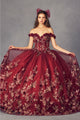 Juliet 1447 Off Shoulder 3D Floral Applique Embroidered Quince Gown - BURGUNDY / XS