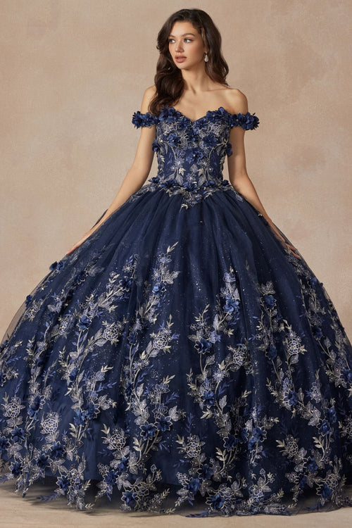 Juliet 1447 Off Shoulder 3D Floral Applique Sweet 16 Quince Ball Gown - NAVY BLUE / XS - Dress