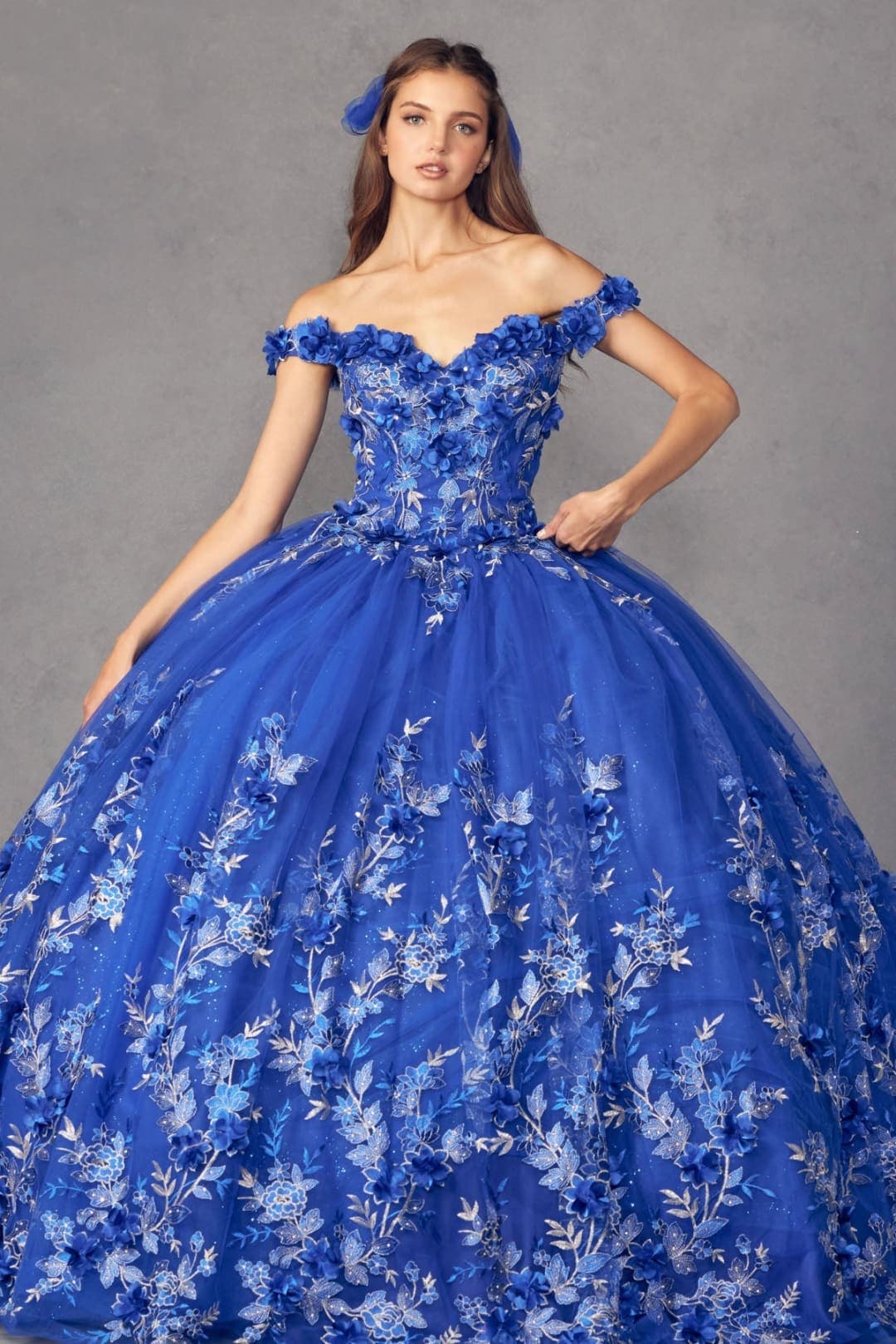 Juliet 1447 Off Shoulder 3D Floral Applique Embroidered Quince Gown - ROYAL BLUE / XS