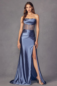 Juliet 2416 Sheer bodice Cowl neck Strapless Simple Bridesmaids Gown - DUSTY BLUE / XS