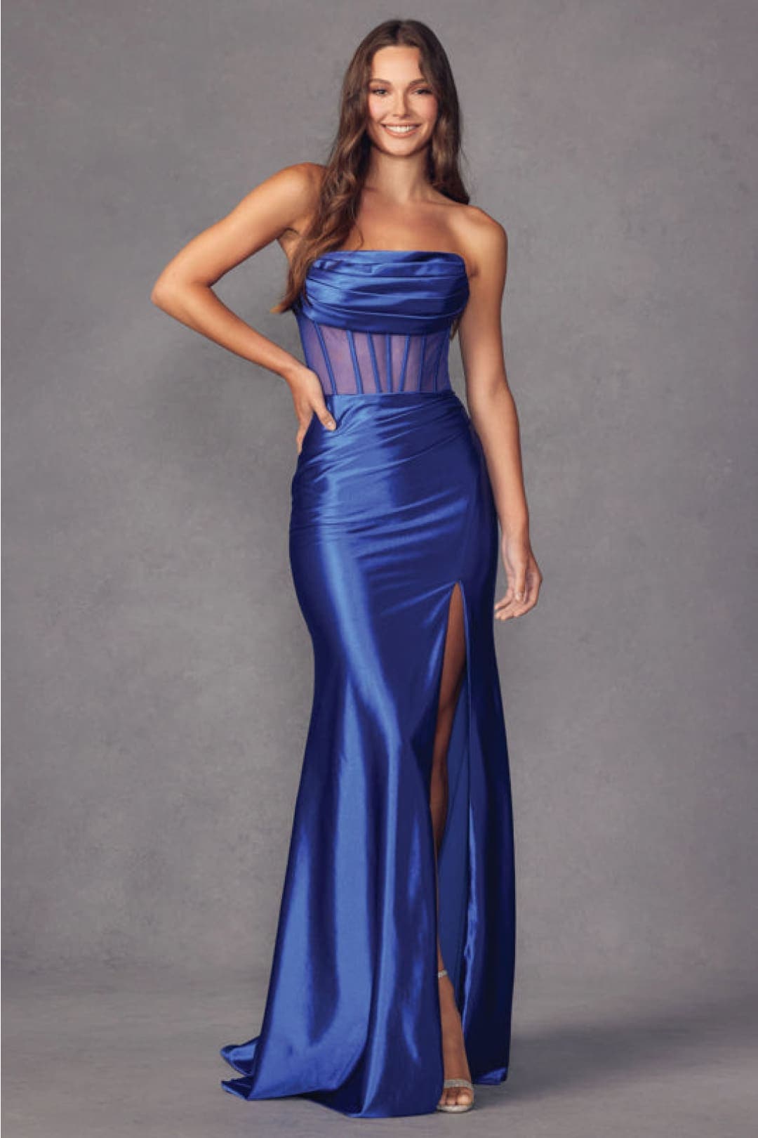 Juliet 2416 Sheer bodice Cowl neck Strapless Simple Bridesmaids Gown - ROYAL BLUE / XS