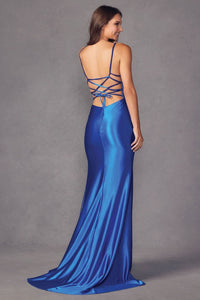 Juliet 2417 Strappy Back Slit Prom Beaded Sheer Slit Evening Gown