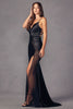 Juliet 2417 Strappy Back Slit Prom Beaded Sheer Slit Evening Gown