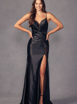 Juliet 2417 Strappy Back Slit Prom Beaded Sheer Slit Evening Gown