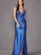 Juliet 2417 Strappy Back Slit Prom Beaded Sheer Slit Evening Gown