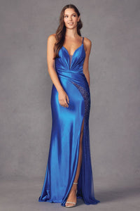 Juliet 2417 Strappy Back Slit Prom Beaded Sheer Slit Evening Gown - ROYAL BLUE / XS