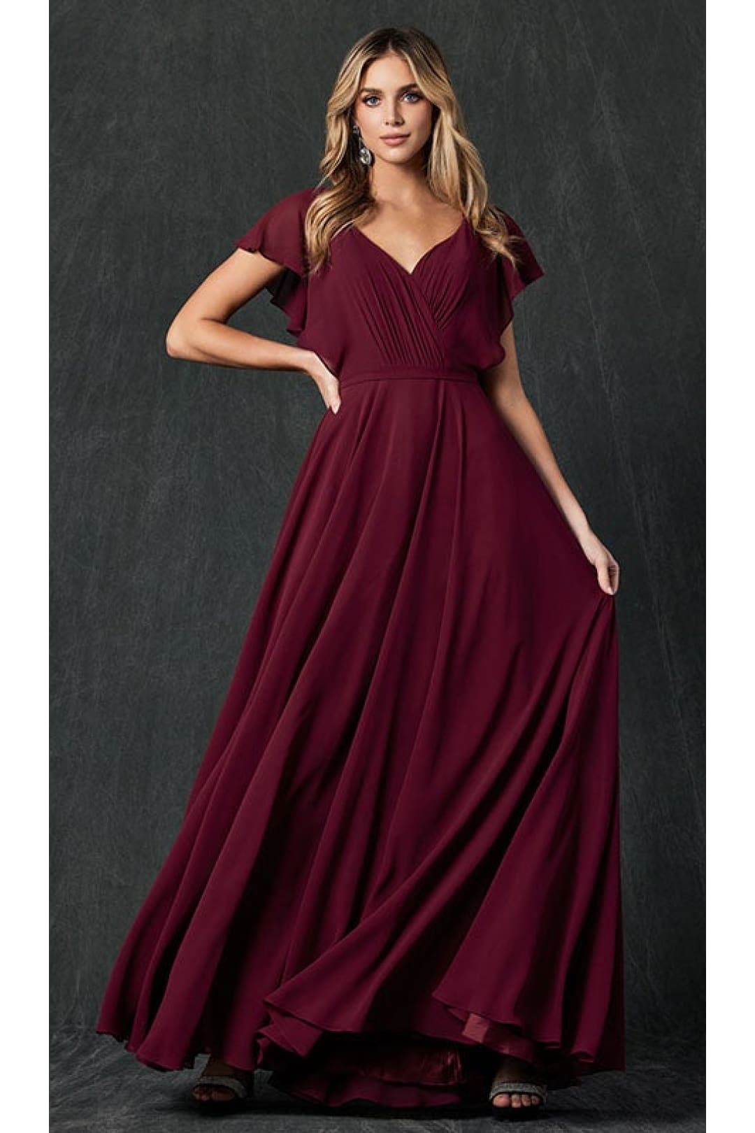 Flutter Sleeve Bridesmaid Dress - BURGUNDY / XS