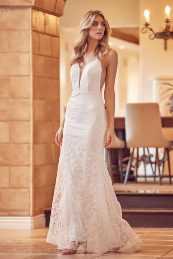 Juliet 272B Spaghetti Straps V-neck Wedding Reception Bridal Gown - OFF WHITE / XS