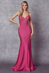 juliet 276 Strappy Back Embellished Fitted Prom Long Dress - FUCHSIA / XS